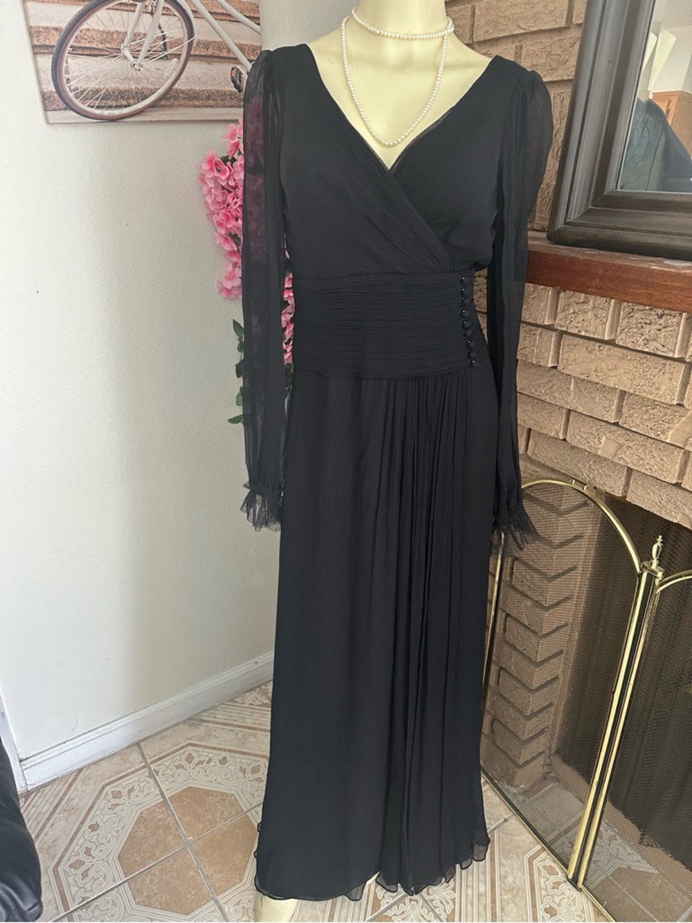 BCBGMaxAzria Black Long Sleeve Pleated Wrap Maxi Dress